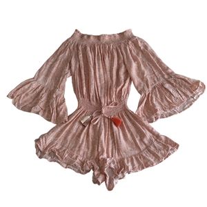 Surf Gypsy Size Small Stretch Off Shoulder Bell Sleeve Pink Tassel Romper